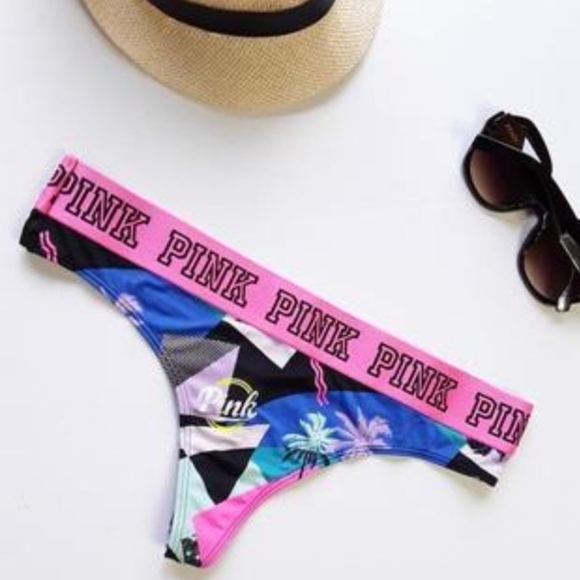 Rare Limited-Edition PINK VS. Tropical Logo Waistband Thong - Picture 1 of 17